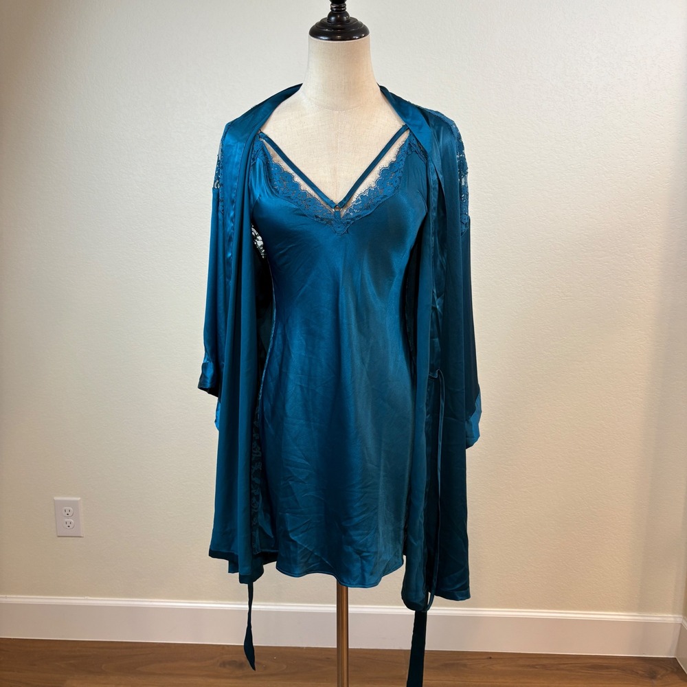 Victoria's Secret Slip Robe Set S Teal Blue Satin Lace Trim Romanitc Nightie - Picture 5 of 14